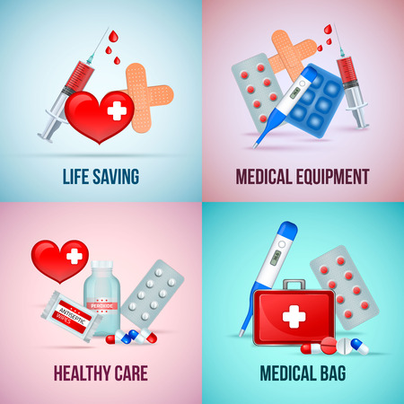 First aid medical emergency kit 4 icons concept square with heart symbol thermometer pills isolated vector illustrationのイラスト素材