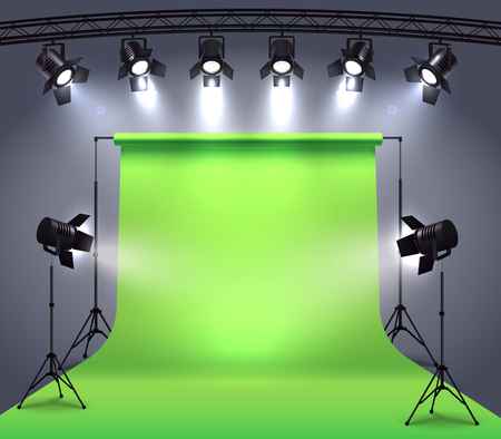 Spotlights realistic composition with photo shooting studio environment chroma key cyclorama surrounded by professional spot lights vector illustrationのイラスト素材
