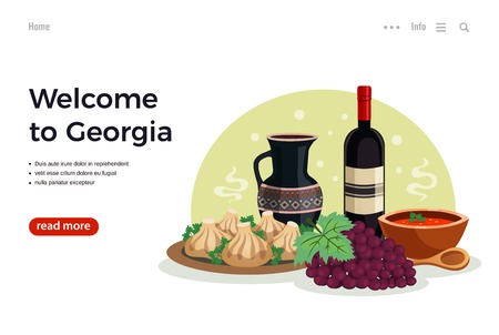 Georgia travel flat web page design with info button and national cuisine dishes wine image vector illustrationのイラスト素材