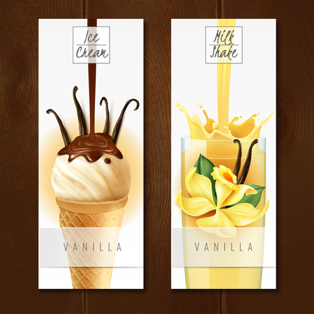 Vanilla flavored desserts 2 appetizing vertical realistic banners with ice cream and milk shake isolated vector illustrationのイラスト素材