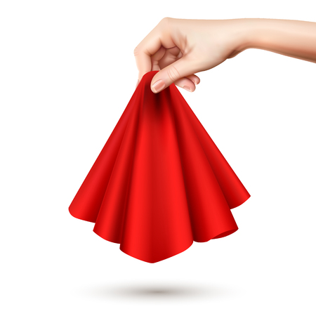Elegant female hand raising red silk round draped silk cloth holding it center realistic image vector illustrationのイラスト素材