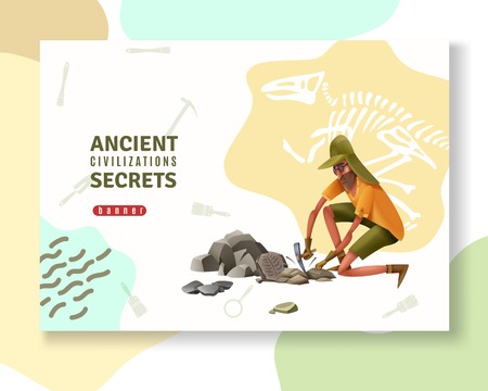 Archeology concept banner with abstract ornaments pictogram silhouettes of digging tools and doodle style human character vector illustrationのイラスト素材