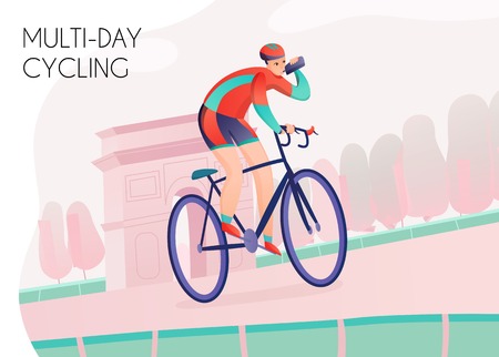 Sportsman with water bottle in bright athletic clothing during multi day cycling on arch background vector illustrationのイラスト素材