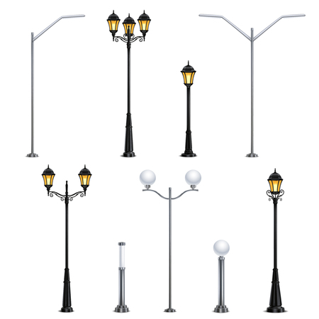 Street lights realistic icon set on white background in different styles for the city vector illustrationのイラスト素材