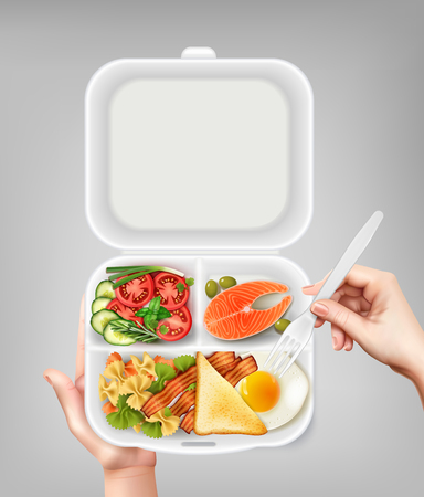 Opened disposable plastic lunchbox with salmon salad bacon egg and hand holding fork realistic composition vector illustrationのイラスト素材