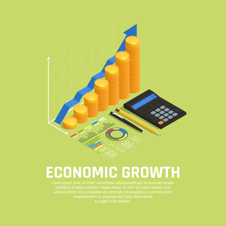 Investment funds increasing financial market development isometric composition with economic growth diagram and calculator background vector illustrationのイラスト素材