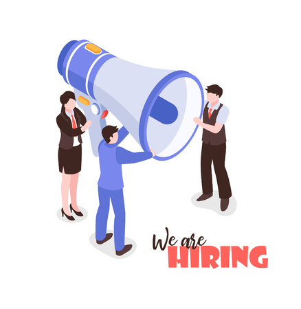 Isometric job search recruitment composition on white background with text and group of people holding megaphone vector illustrationのイラスト素材