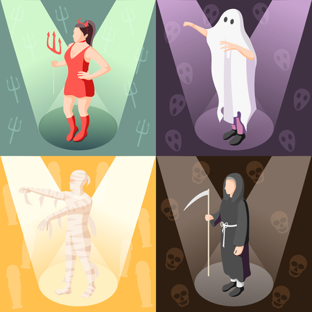 Colorful isometric 2x2 design concept with people wearing scary cosplay costumes of mummy demon ghost death 3d isolated vector illustrationのイラスト素材