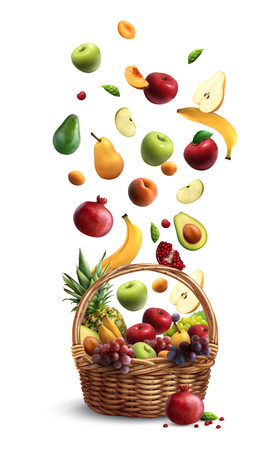 Ripe fruits falling in traditional wicker basket with handle realistic composition with pear banana apple vector illustrationのイラスト素材