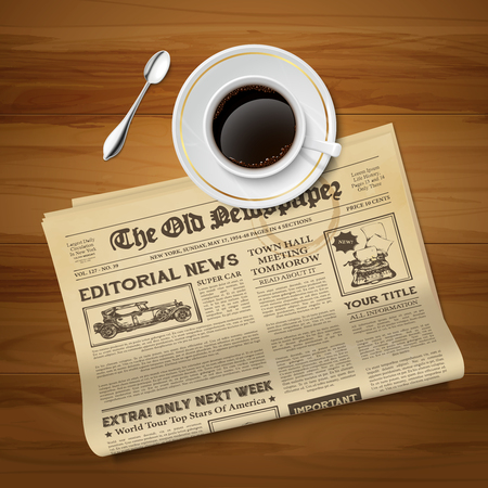 Old morning newspaper with cup of black coffee classic ritual realistic top view vintage image vector illustrationのイラスト素材