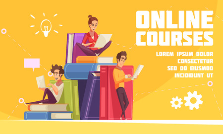 Online courses cartoon advertising web page with students sitting on books pile with laptops notebooks vector illustrationのイラスト素材