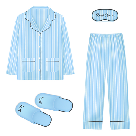 Nightwear realistic set in blue color with  slippers eye patch for sleep and pajamas isolated vector illustrationのイラスト素材