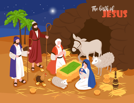 Isometric bible narratives christmas nativity concept banner composition with outdoor composition and human characters with sheeps vector illustrationのイラスト素材