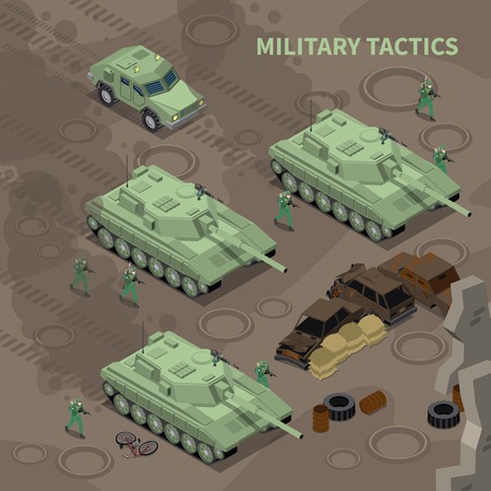 Military tactics isometric background illustrated soldiers with rifles advancing under cover of heavy military vehicles vector illustrationのイラスト素材