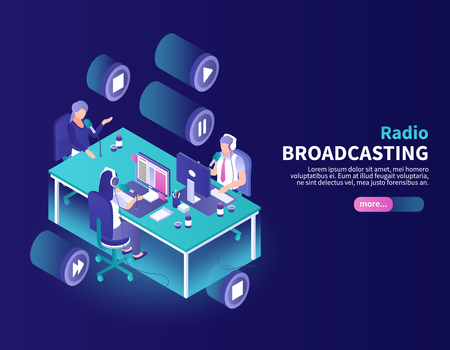 Radio broadcasting color background with announcer and newscasters at working place isometric vector illustrationのイラスト素材
