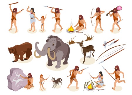 Stone age isometric icons set with hunting and cooking food  symbols isolated vector illustrationのイラスト素材
