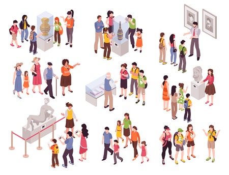 Isometric guide excursion set with isolated groups of human characters with museum specimen pieces and sightsmen vector illustrationのイラスト素材