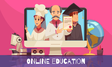 Online learning education with international recognized degree diploma certificate colorful cartoon composition graduates desktop textbooks vector illustrationのイラスト素材