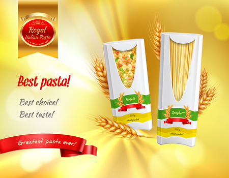 Colored pasta advertisement realistic banner with best pasta best choice best taste headlines vector illustrationのイラスト素材