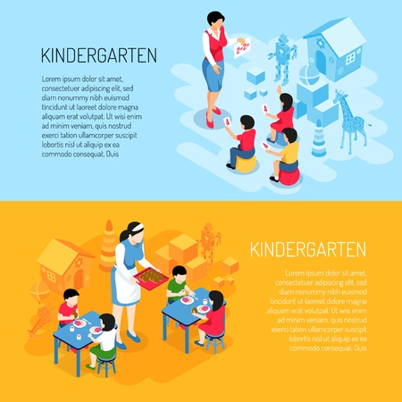 Kindergarten isometric banners kids during eating and learning of count on blue orange background isolated vector illustrationのイラスト素材