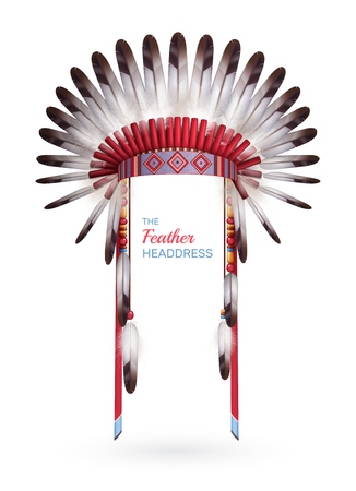 Traditional indian embroidered headdress of native american made with feathers isolated on white background realistic vector illustrationのイラスト素材