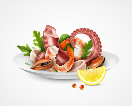 Seafood cocktail serving plate realistic closeup image with shrimps mussels octopus tentacles squid slices rucola vector illustrationのイラスト素材