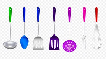Kitchen tools metal with colorful plastic realistic set with ladle spatula skimmer cooking fork transparent vector illustrationのイラスト素材