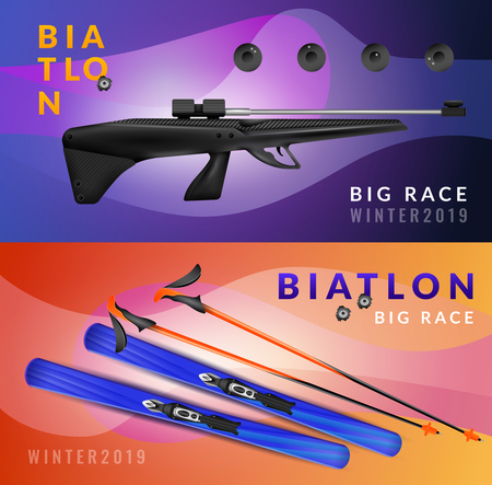 Two horizontal realistic biathlon banner set with big race winter and equipment vector illustrationのイラスト素材