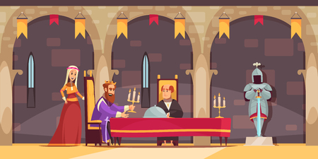 Medieval castle royal dining hall area interior flat cartoon composition with king being served meal vector illustrationのイラスト素材
