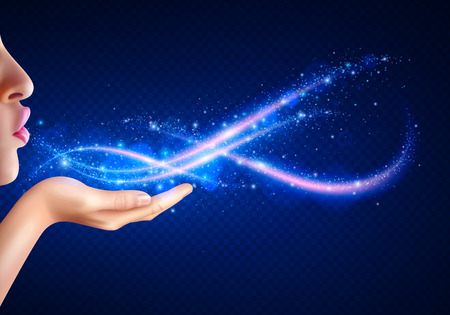 Magic fantasy background with woman blowing glowing lights from her hand realistic background vector illustrationのイラスト素材