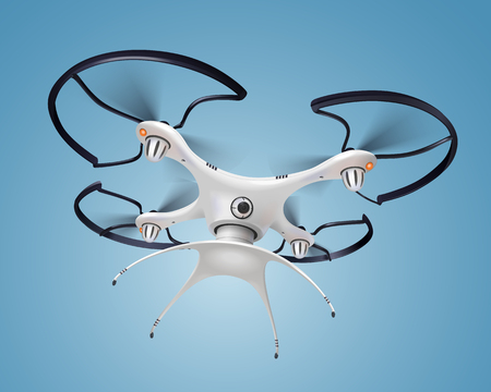 Colored and realistic drone with camera composition white smart electronic quadrocopter flying vector illustrationのイラスト素材