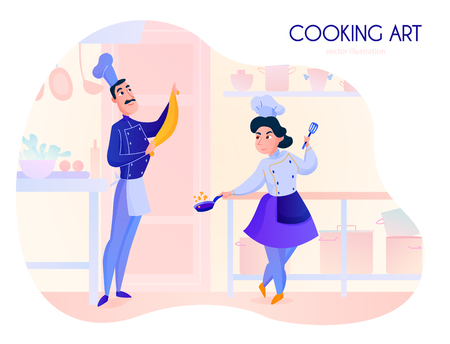 Two cooks working in restaurant kitchen cartoon vector illustrationのイラスト素材