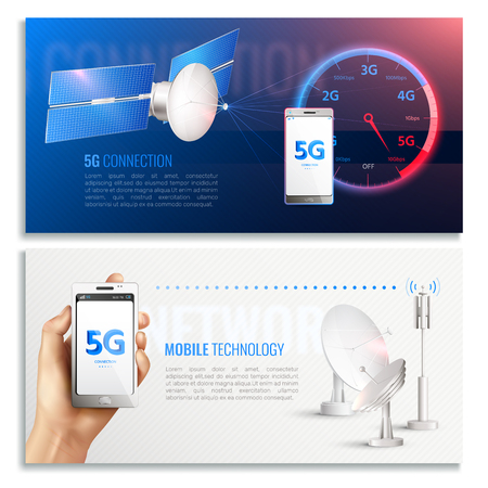Mobile technology horizontal banners with realistic icons illustrated broadband internet connection of 5g standard vector illustrationのイラスト素材