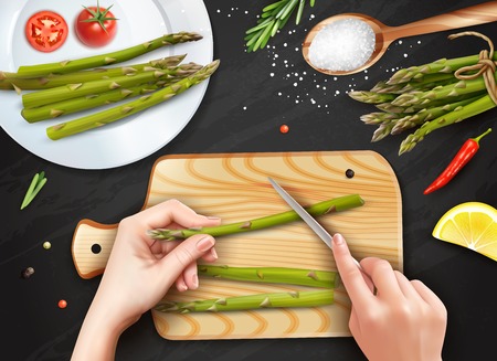 Healthy cooking realistic top view with hands cutting asparagus sea salt tomatoes lemon black background vector illustrationのイラスト素材