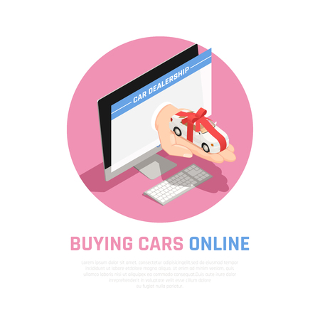 Car dealership concept with buying cars online symbols isometric vector illustrationのイラスト素材