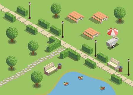 City park recreation area isometric compositions with path pond ducks outdoor furniture lanterns snack vendors vector illustrationのイラスト素材