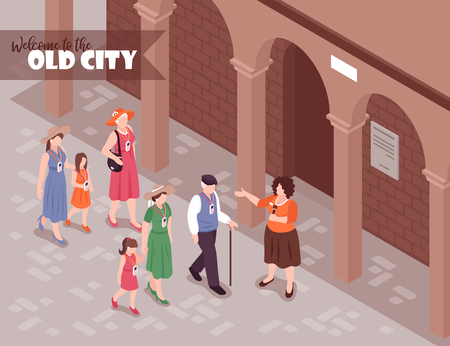 Tourists listening to female guide on excursion around old town 3d isometric vector illustrationのイラスト素材