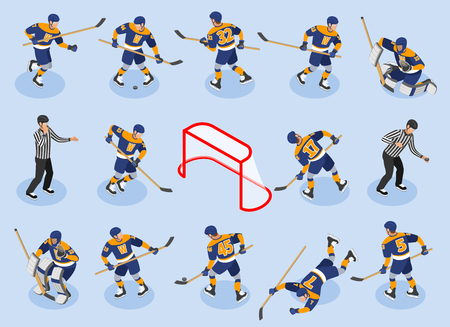 Ice Hockey isometric icons set with  defensing players forwards goaltender goalie puck referee on rink vector illustrationのイラスト素材