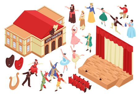 Isometric theatre set with isolated images of theater building stage seats and characters of entertainers vector illustrationのイラスト素材