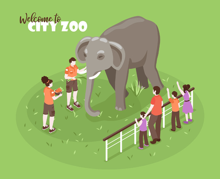 Isometric zoo workers color background with editable text and human characters with kids and big elephant vector illustrationのイラスト素材