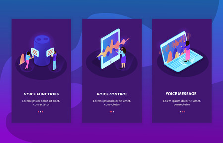 Vector illustration of three isometric advertising compositions representing devices with   voice control and  voice recognition functionsのイラスト素材