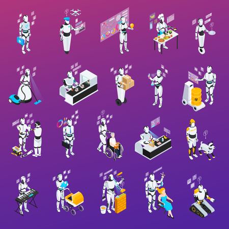 Isolated and isometric robot professions icon set police and home assistant chef baby sitter vector illustrationのイラスト素材