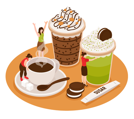 Isometric coffee house barista conceptual composition with cups of coffee and desserts with small people characters vector illustrationのイラスト素材