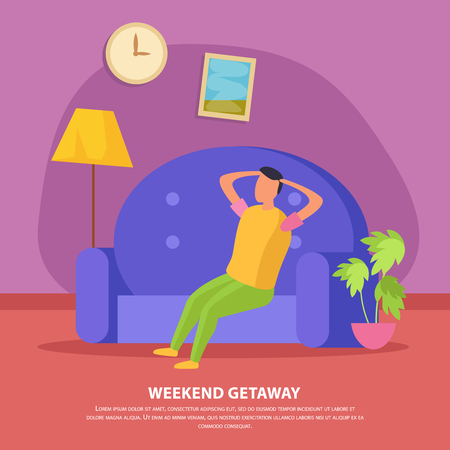 Flat lazy weekends people composition with weekend getaway description and man sit on the couch vector illustrationのイラスト素材