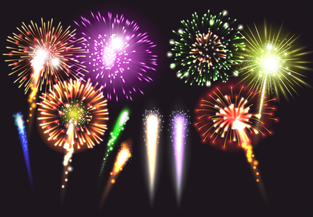 Realistic fireworks icon set in different sizes shapes and colors illuminated and bright vector illustrationのイラスト素材