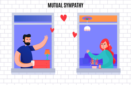 Mutual sympathy between man and woman composition with neighbors waving each other from windows vector illustrationのイラスト素材