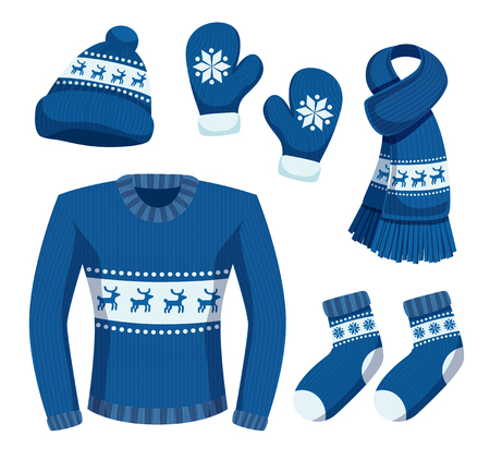 Seasonal winter clothes set with isolated images of stylish warm clothing items with snowflakes and deers vector illustrationのイラスト素材