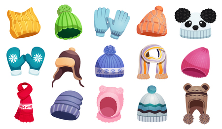 Seasonal winter scarf hats kids set with fifteen isolated images of children wear on blank background vector illustrationのイラスト素材