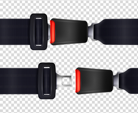 Set of realistic seat belts with metal fastener and black textured strap on transparent background vector illustrationのイラスト素材