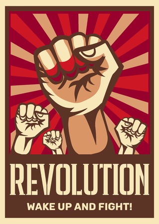Raised fist vintage constructivist revolution communism promoting poster symbolizing unity solidarity with oppressed people fight vector illustrationのイラスト素材